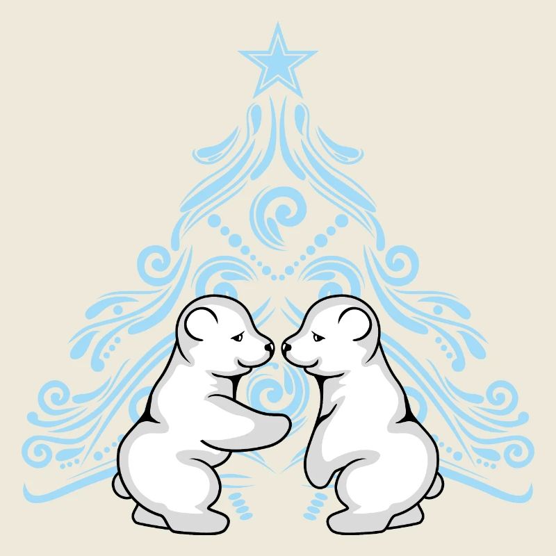 Zwei Eisbärenbabys umarmen sich in der Nähe eines Weihnachtsbaums