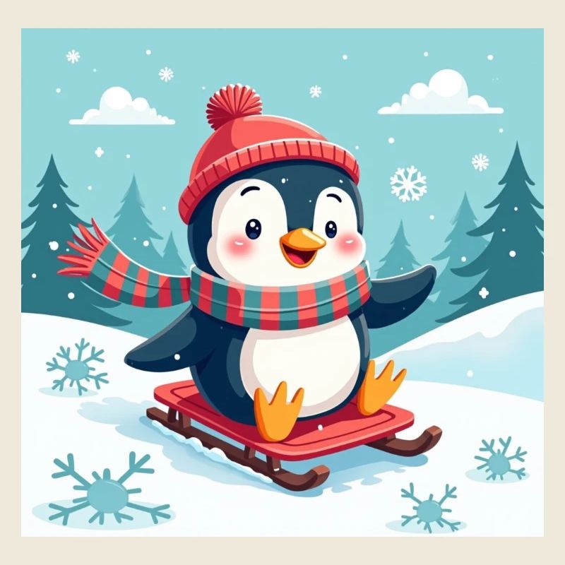 Lachender Pinguin auf dem Schlitten – Winterspaß