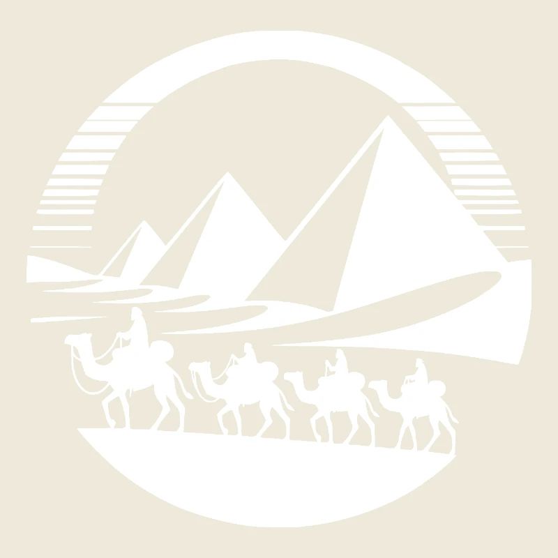 Desert caravan with pyramids in the background