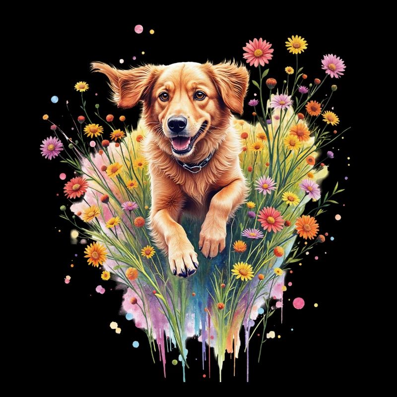 Chien jouant dans les fleurs