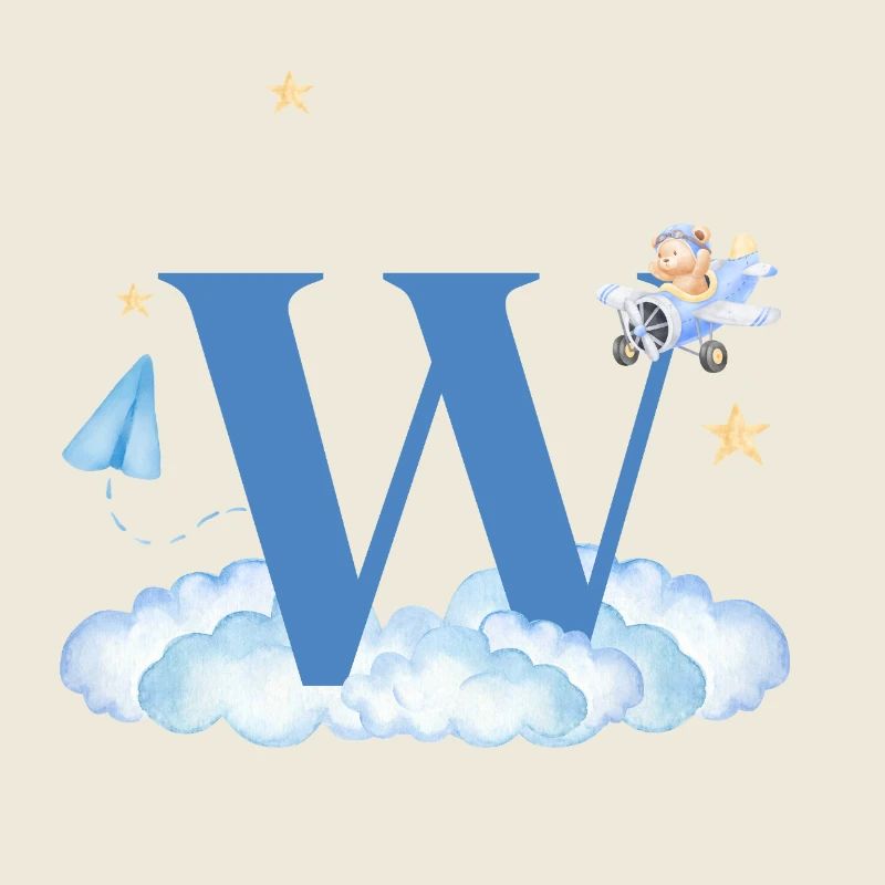 Letter w Blue Clouds Airplane Child