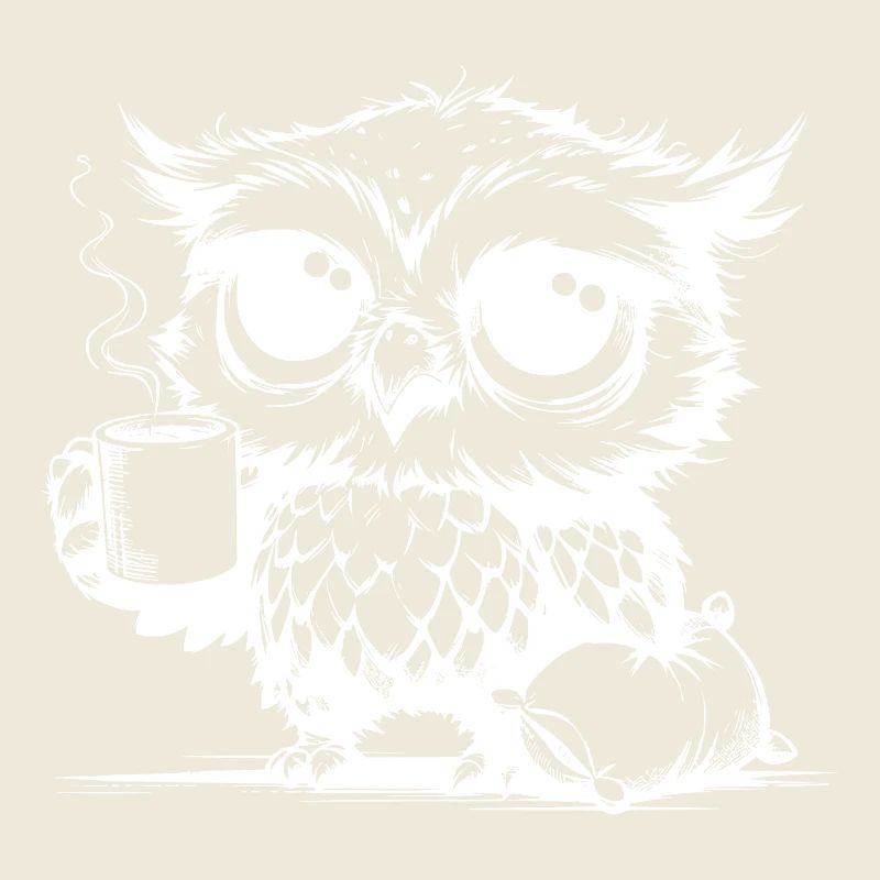 Verschlafene Eule die Kaffee zur Pflicht erklärt