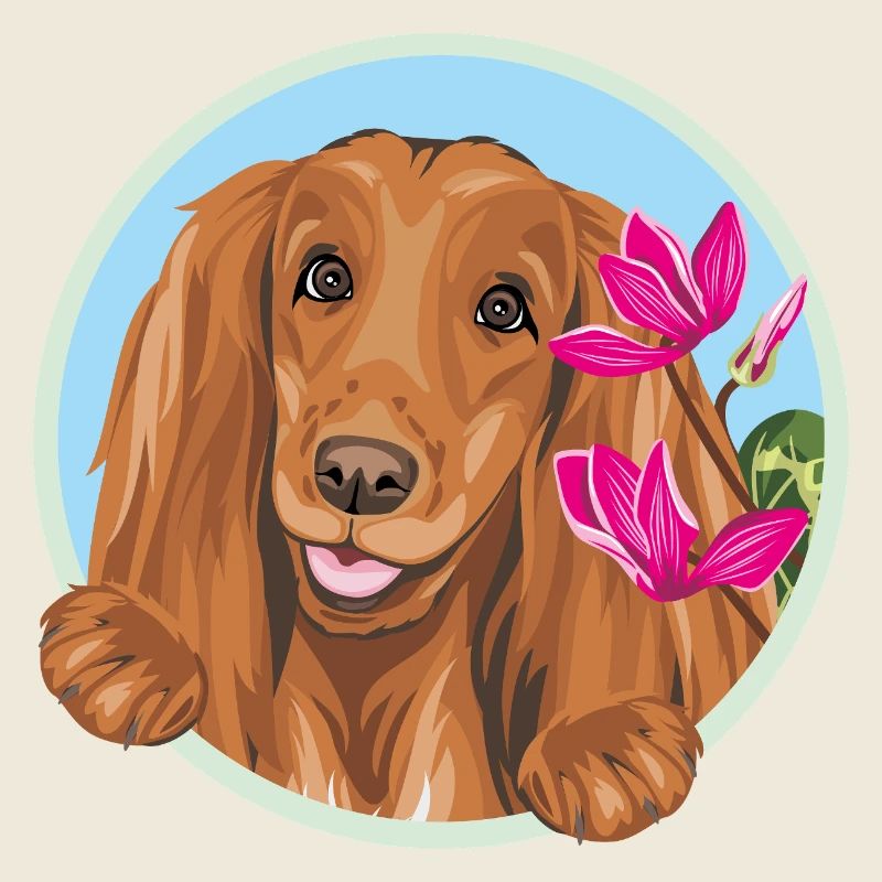Fröhlicher Cocker Spaniel Hund mit rosa Blüten