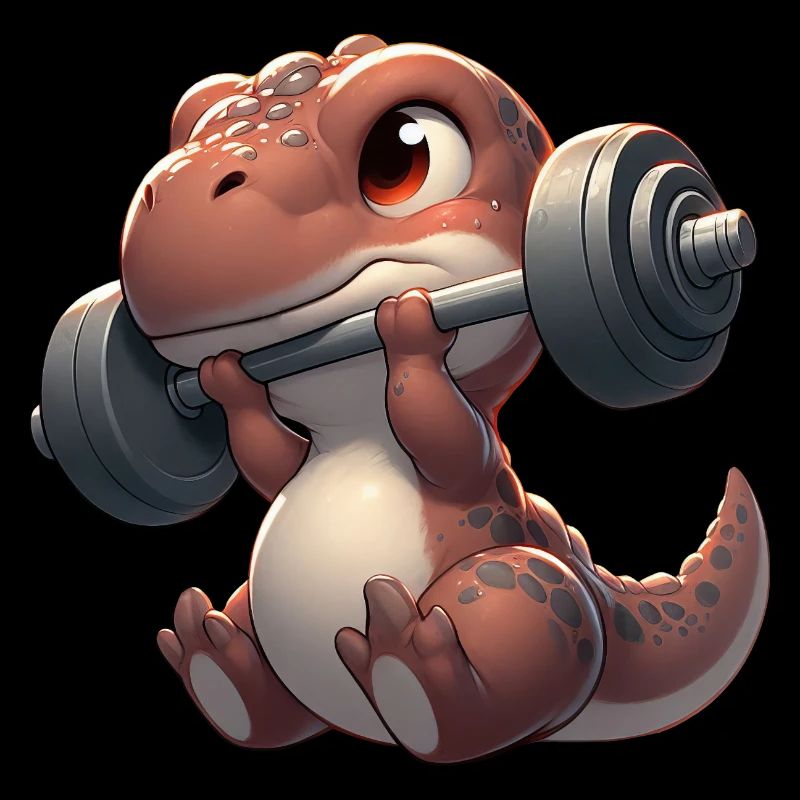 Cute Chibi Dino Exercising With Dumbbell