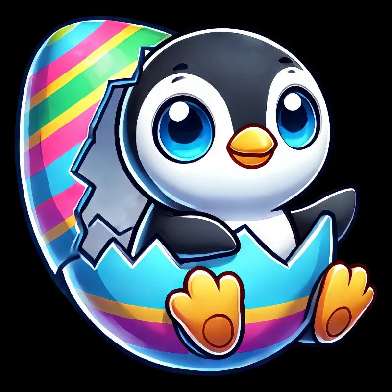 Cute penguin hatching from colorful easter egg
