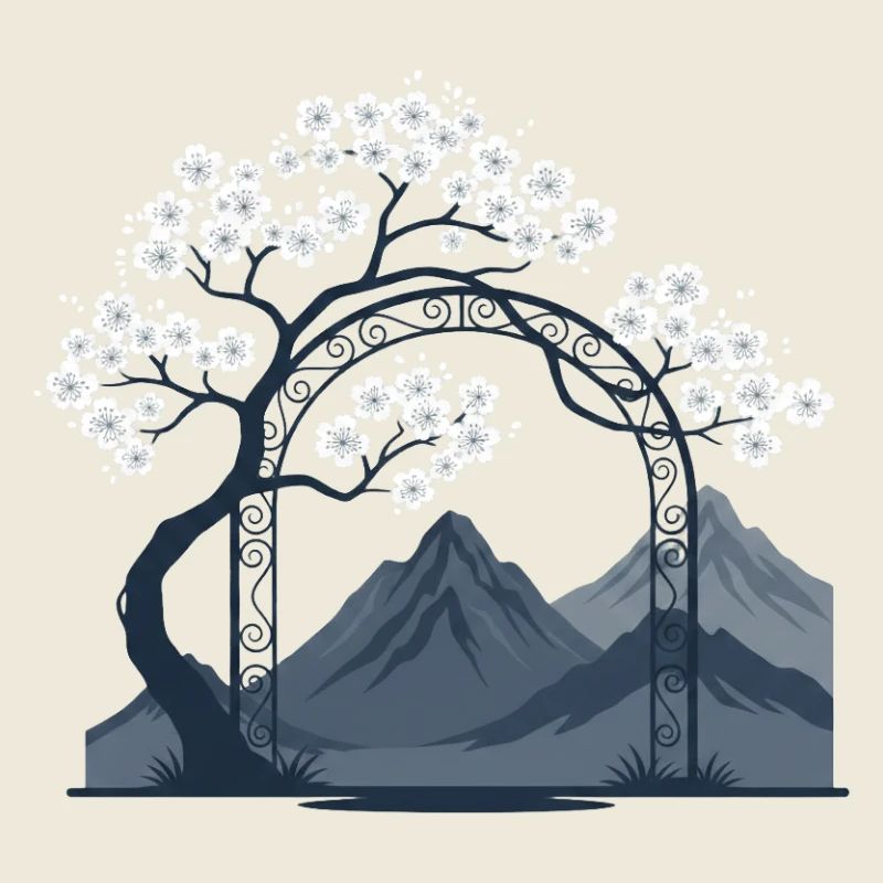 Sakura Bogen über Bergkette