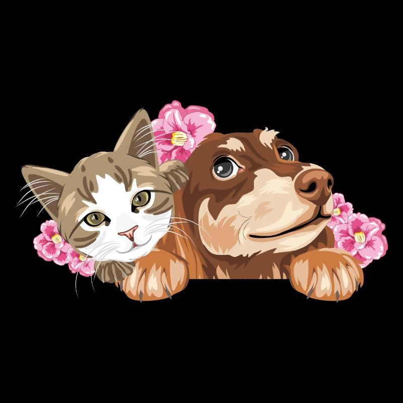 Süße Katze und träumender Dackel mit rosa Blumen