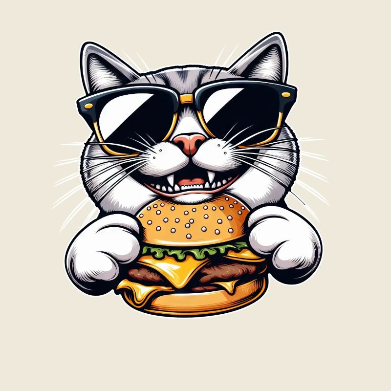 Cool cat nerd eating hamburger cheeseburger