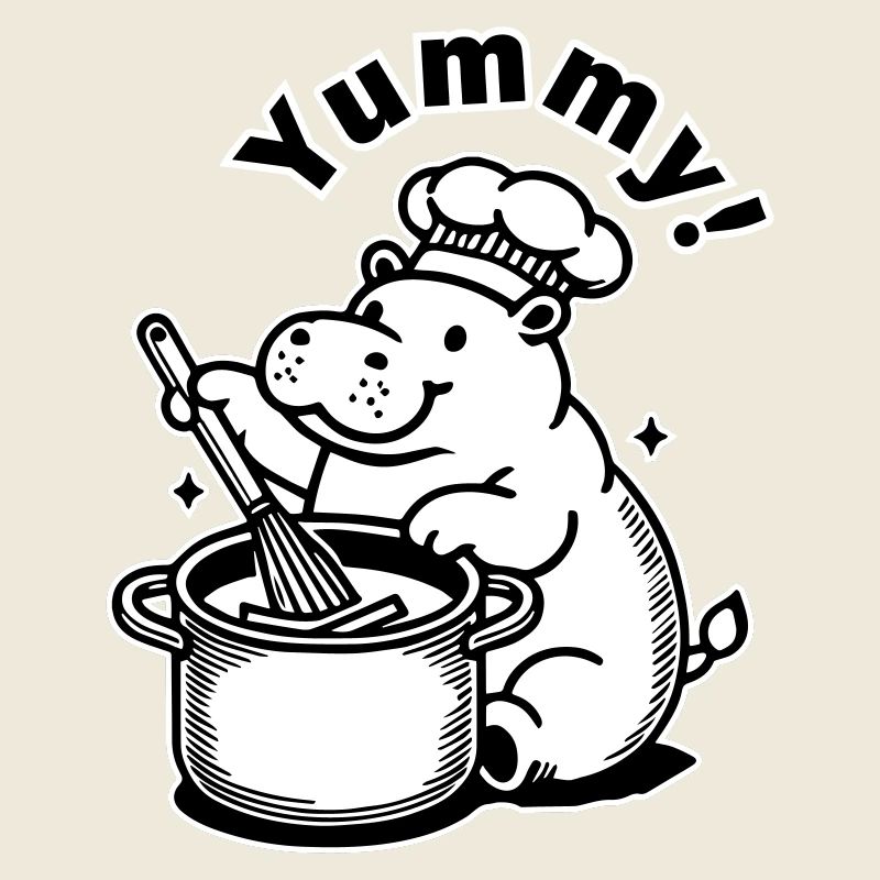 Süßes Nilpferd beim Kochen - "Lecker!" Entwurf