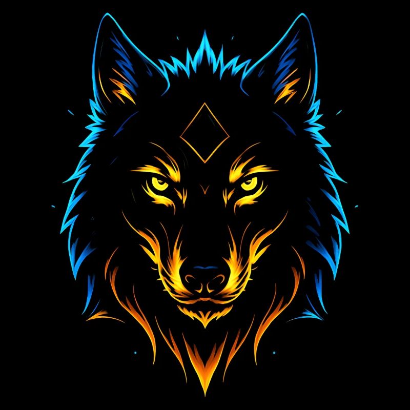 Neon Flammenwolf mit mystischem Diamanten