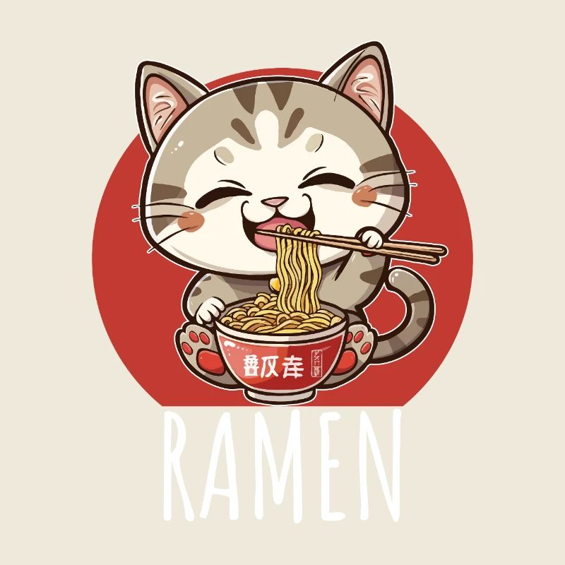 Retro Kawaii Cat Eats Ramen