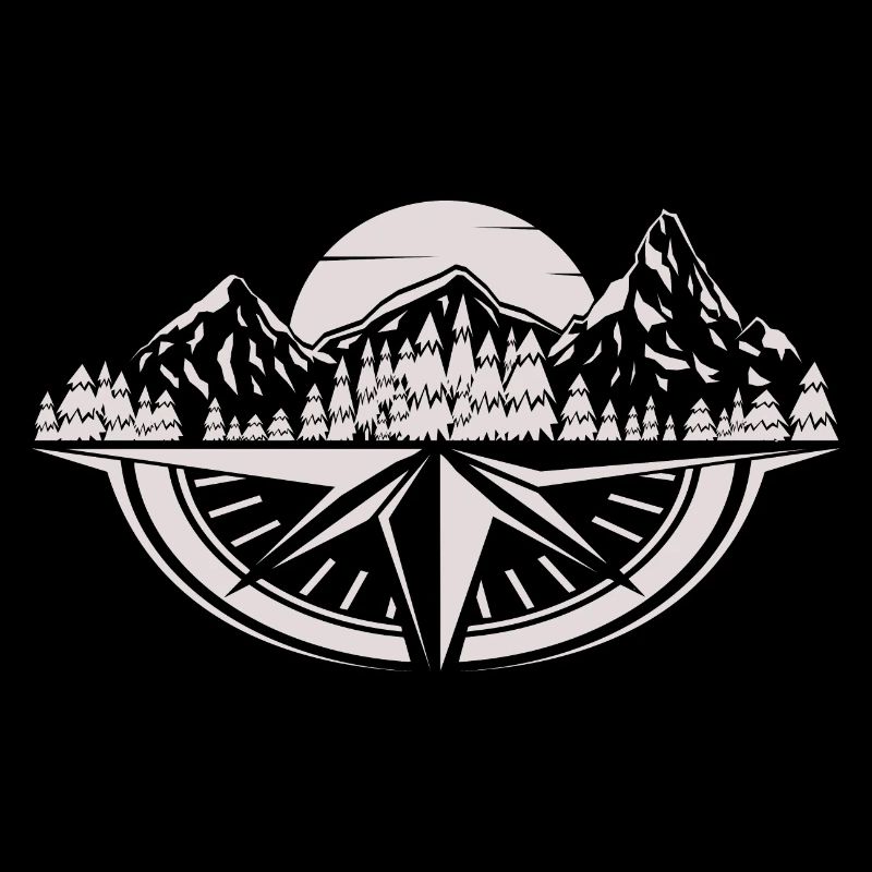 Mountains, forest & compass at sunset