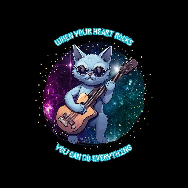 Rockende Katze mit Gitarre vor Galaxy-Hintergrund