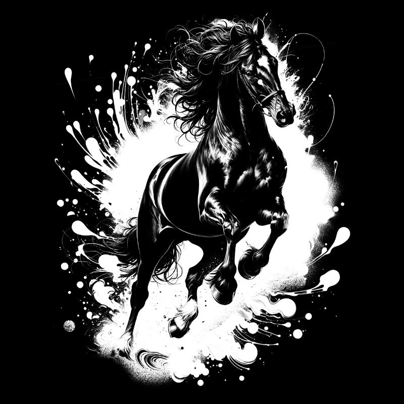 Schwarzes Pferd im Sprung mit Farbklecksen