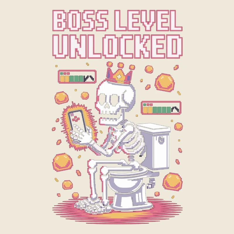 Endboss Level Unlocked – Retro Gaming Skelett auf