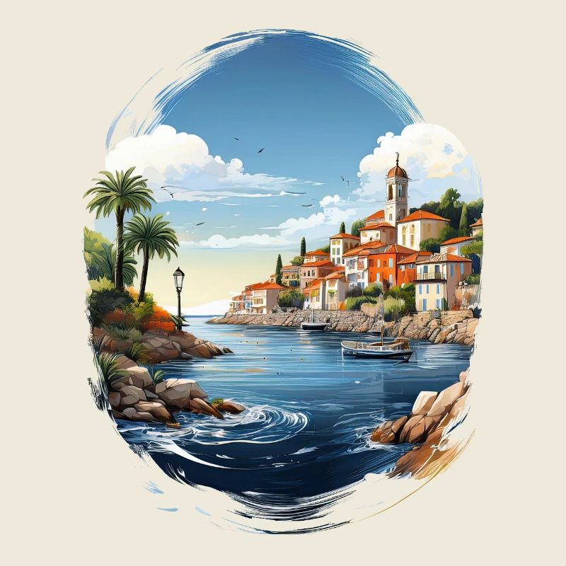 Sea view with coastal town and palm tree