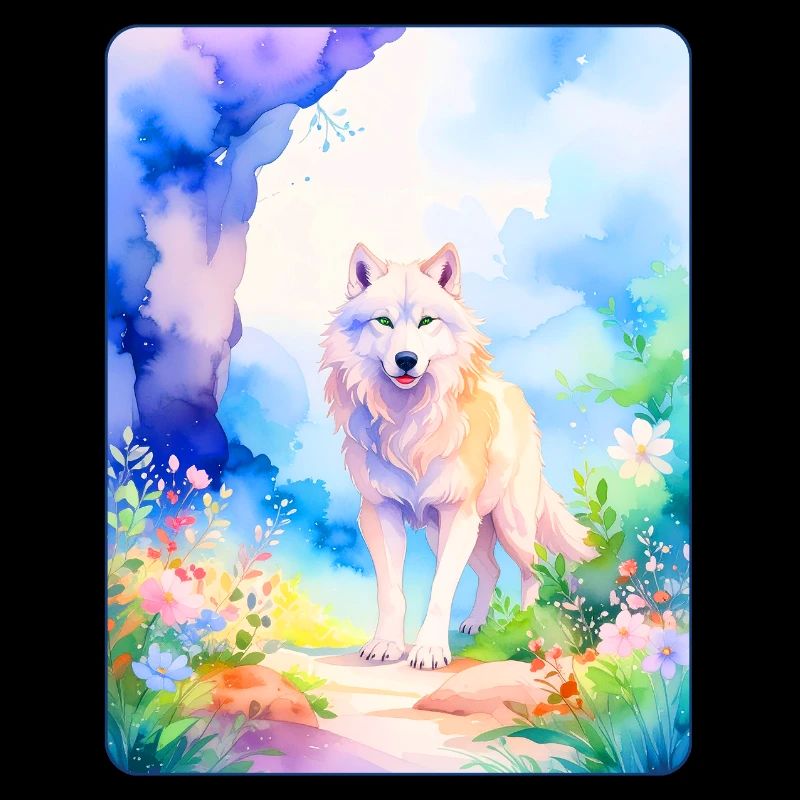 Loup blanc entouré de fleurs