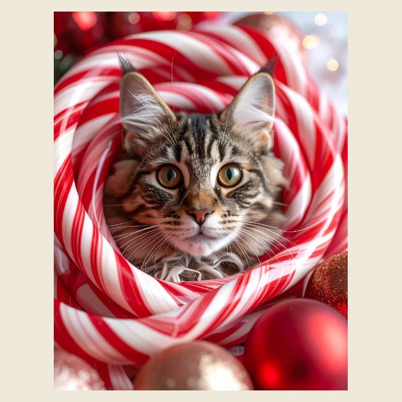 Christmas cat between candy sticks