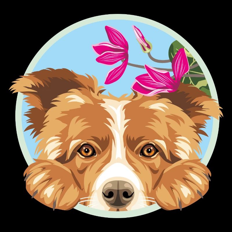 Chien Border Collie heureux avec des fleurs roses