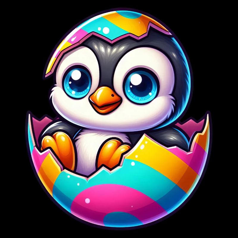 Cute penguin hatching from colorful easter egg