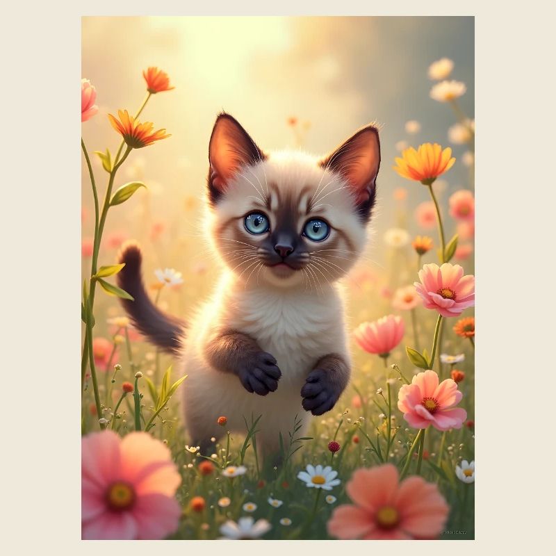 Süßes Siamkätzchen in einer Blumenwiese