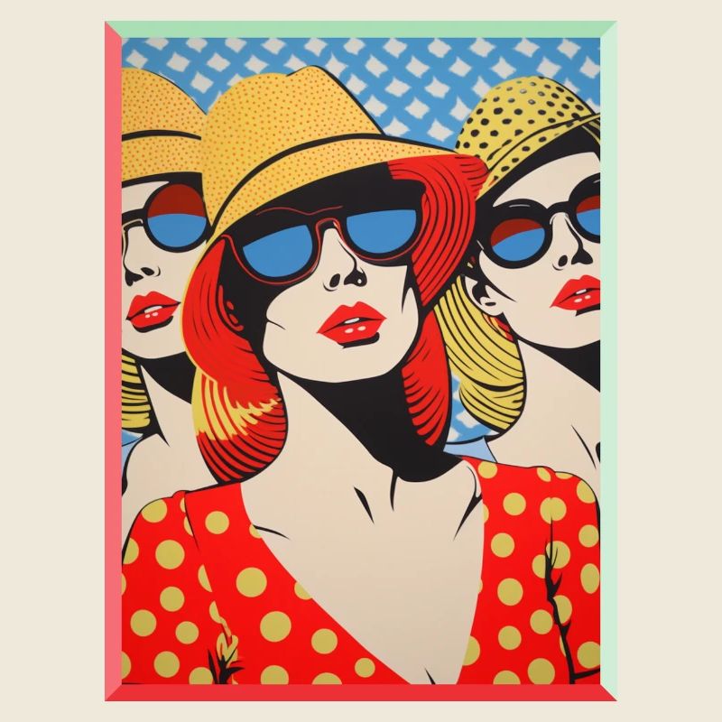 Trois dames Pop Art avec chapeaux de soleil Soleil de vacances