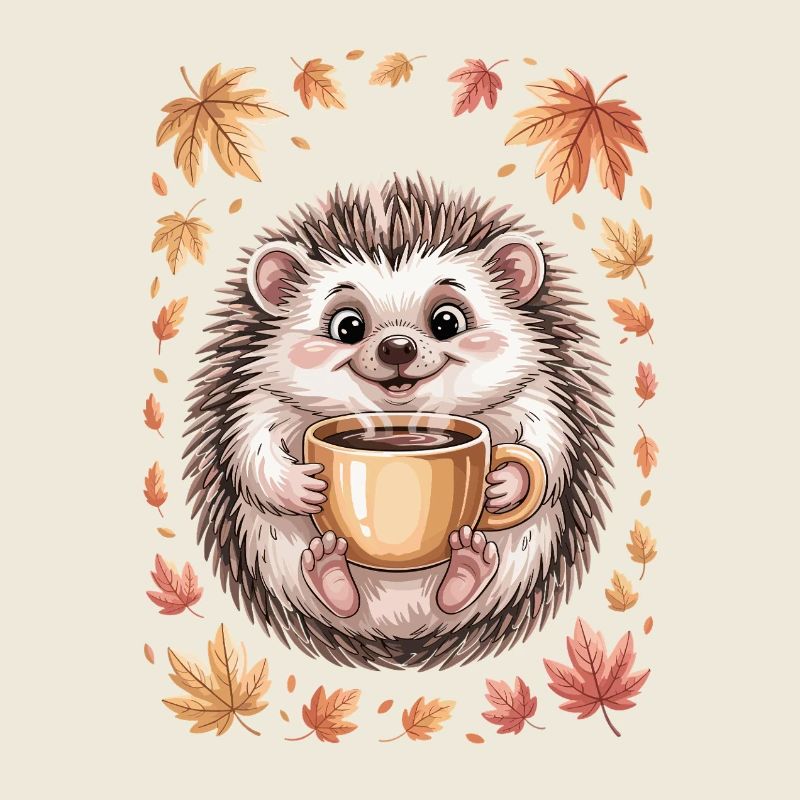 Hérisson d’automne avec tasse à café
