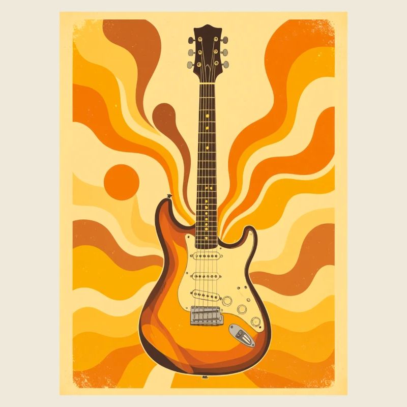Psychedelische Retro-Gitarre mit lebendigen Siebzigern