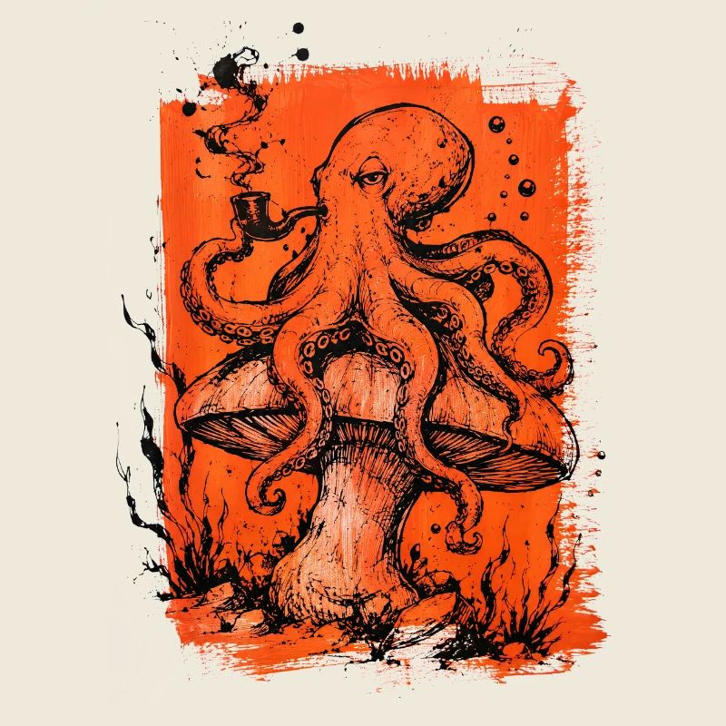 Oktopus mit Pfeife auf Pilz