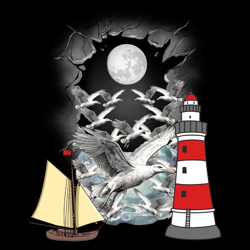 maritime, seagulls, seagull, lighthouse, sailing ship, boat
