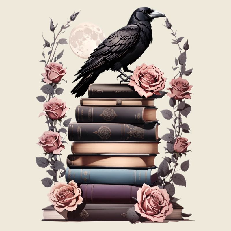 Stack of books with raven