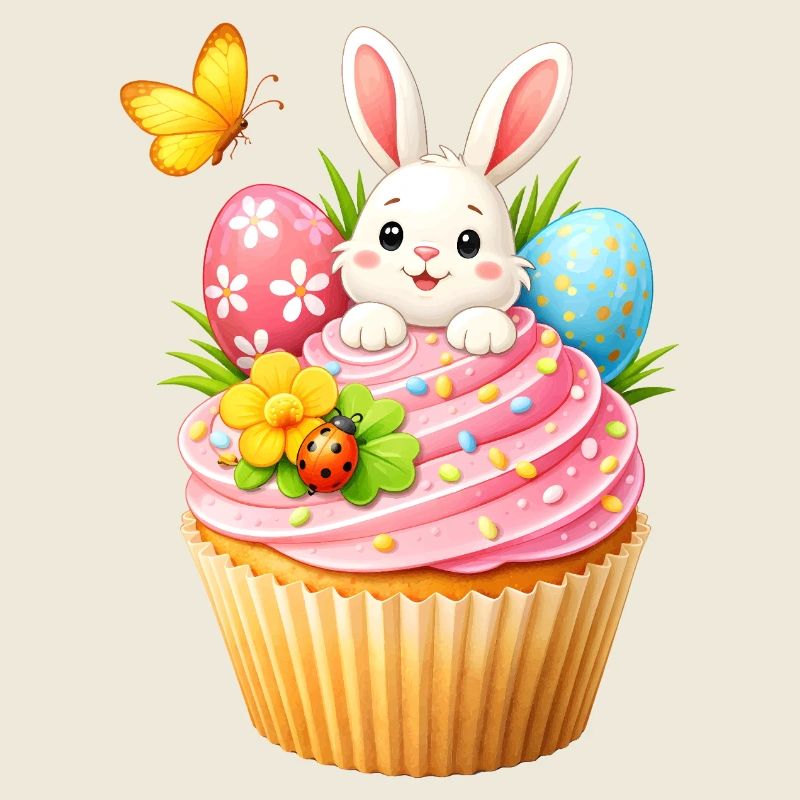 Cute Easter Bunny Cupcake with Colorful Easter Eggs