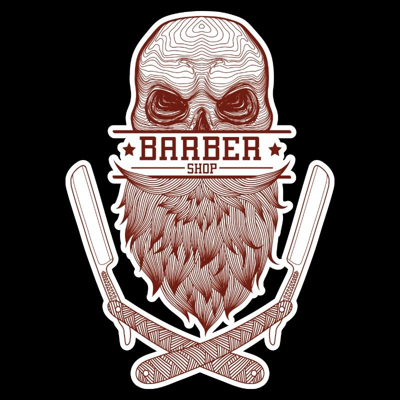 A skull with a beard, framed by razor blades.