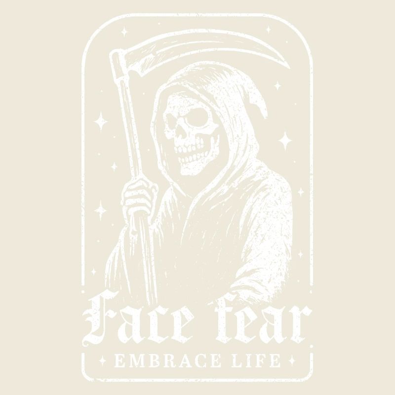 Stelle dich der Angst, umarme das Leben, Skelett, Sensenmann,