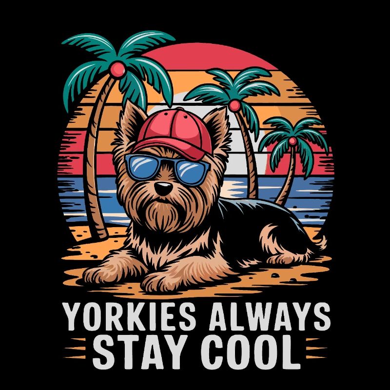 Cooler Yorkie Yorkshire Terrier unter Palmen