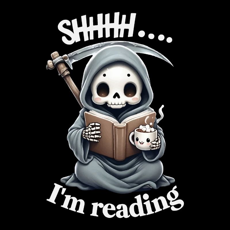 Sensenmann liest ein Buch mit Kaffee