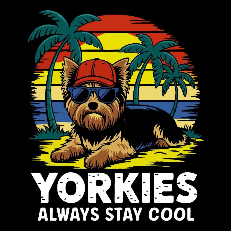 Cooler Yorkie Yorkshire Terrier unter Palmen