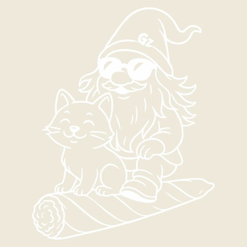 Cooler Zwerg auf fliegendem Joint mit Katze