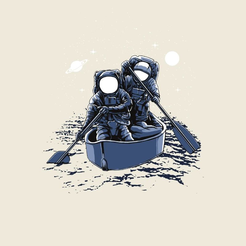 Two astronauts row through the universe.