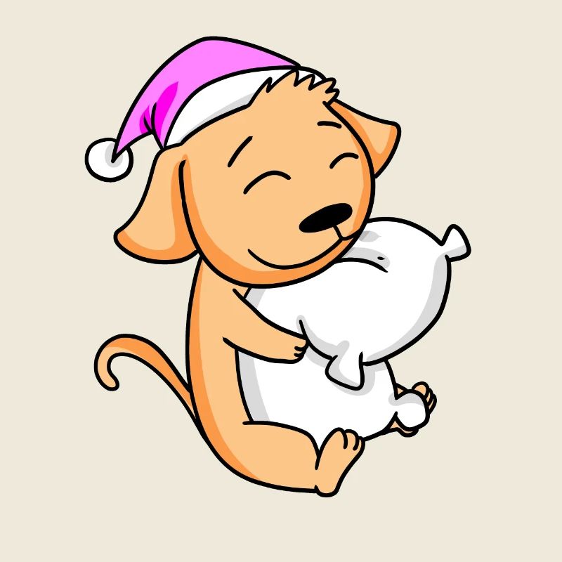 Dog with pillow and sleeping cap
