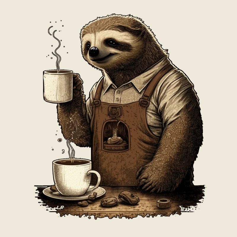 Sloth with apron and cups with fragrant coffee