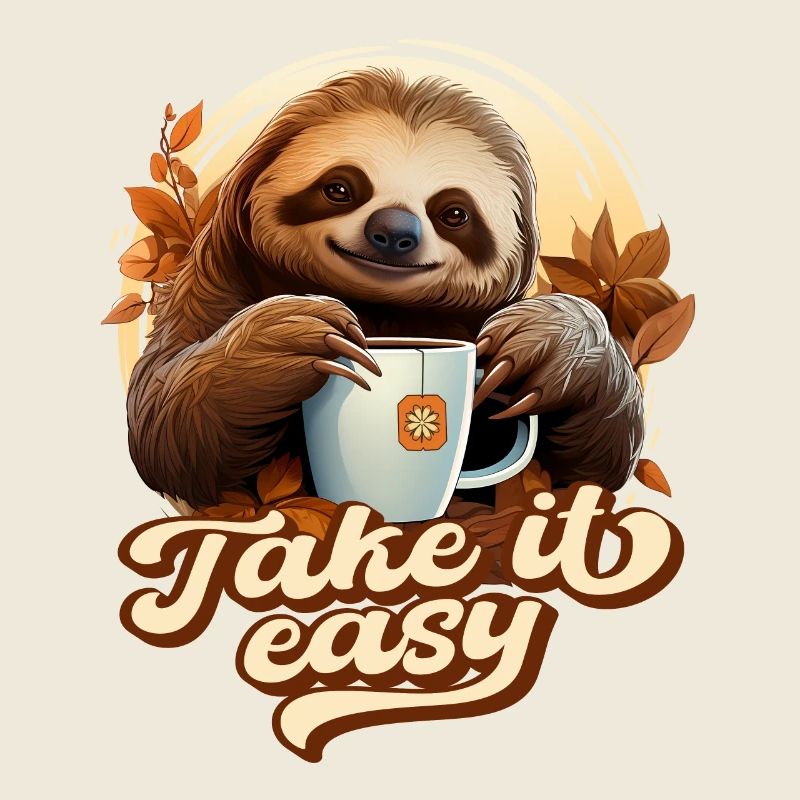 Cute Sloth Drinking Tea, Take It Easy, Saying