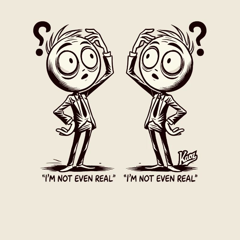 Cartoon man in doubt: Am I real at all?