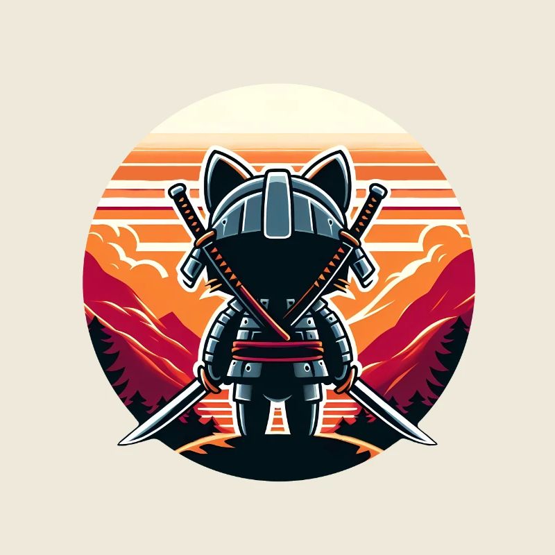 Samurai Cat Katanas Watching Sunset and Mountains