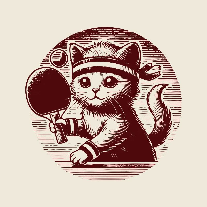 Chat mignon jouant au ping-pong dans un style rétro