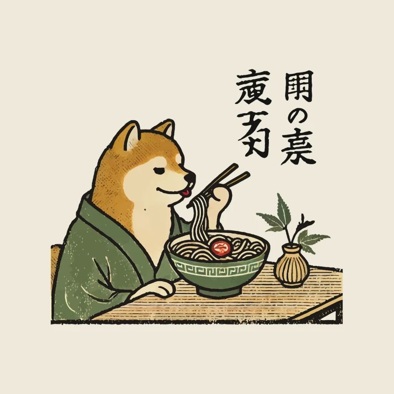 Retro Japan Ukiyo-E Shiba Dog Eats Ramen Noodles
