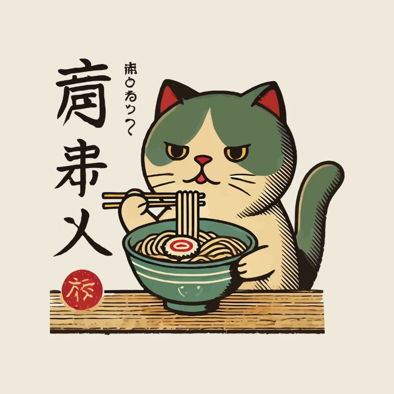 Drôles de chats dans le style rétro ukiyo-e avec des ramen