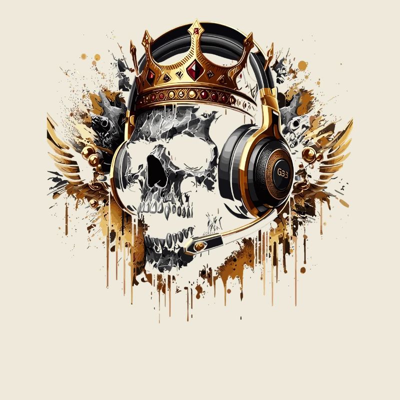 Gaming Skull with Golden Crown Headset and Wings