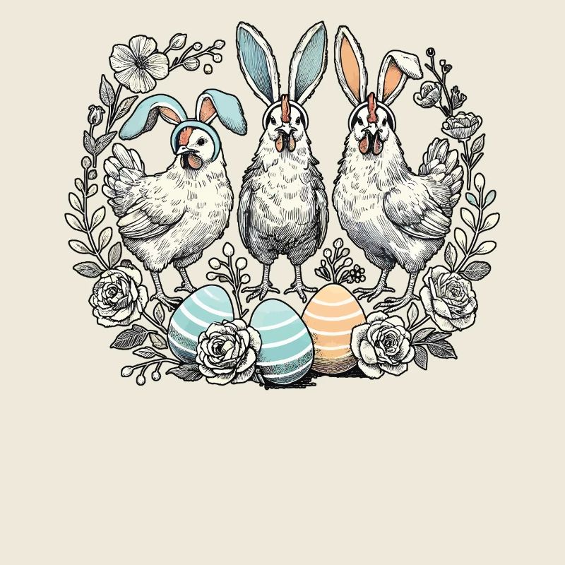Poules de Pâques avec oreilles de lapin de Pâques et fleurs