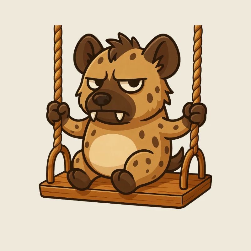 Grumpy hyena on swing annoyed offended